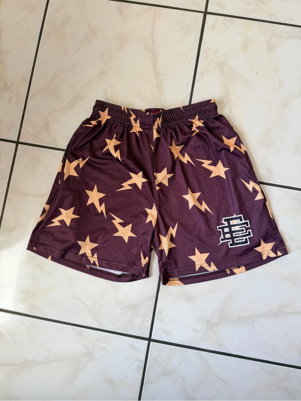 Kids Eric Emanuel Maroon Athletic Shorts with Gold Star & Lightning Pattern